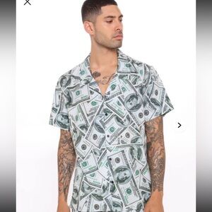 FashionNova Men Money Print Button Up Long Sleeve Shirt
